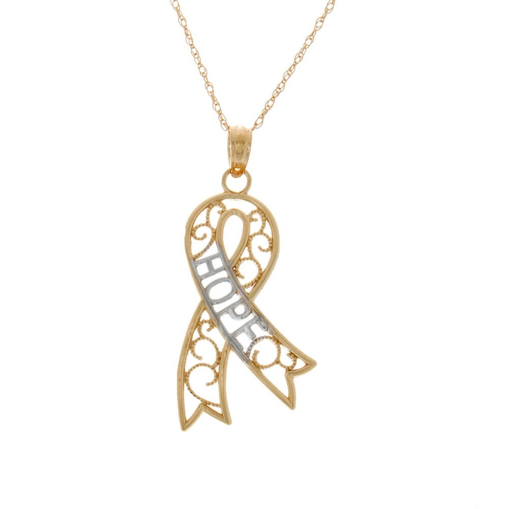 14k Two-Tone Yellow with White Rhodium Gold Filigree Hope Ribbon Necklace Charm